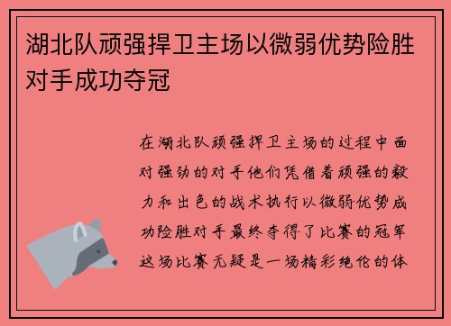 湖北队顽强捍卫主场以微弱优势险胜对手成功夺冠