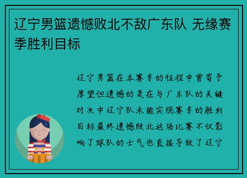 辽宁男篮遗憾败北不敌广东队 无缘赛季胜利目标
