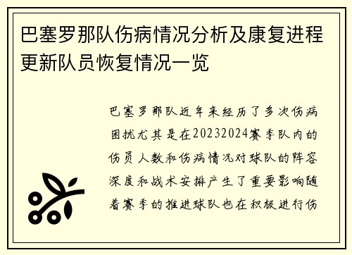 巴塞罗那队伤病情况分析及康复进程更新队员恢复情况一览