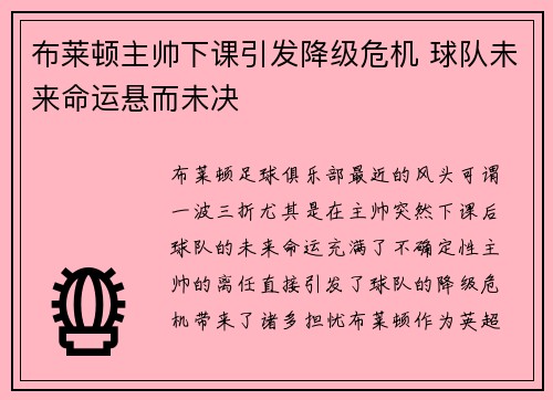 布莱顿主帅下课引发降级危机 球队未来命运悬而未决