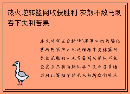 热火逆转篮网收获胜利 灰熊不敌马刺吞下失利苦果