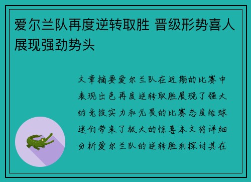 爱尔兰队再度逆转取胜 晋级形势喜人展现强劲势头