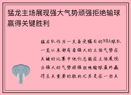 猛龙主场展现强大气势顽强拒绝输球赢得关键胜利