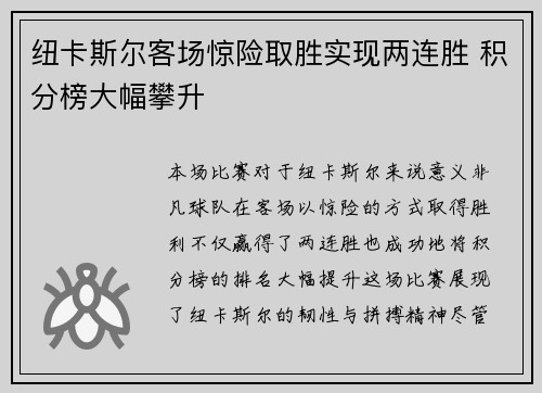 纽卡斯尔客场惊险取胜实现两连胜 积分榜大幅攀升