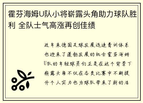 霍芬海姆U队小将崭露头角助力球队胜利 全队士气高涨再创佳绩
