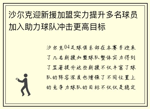沙尔克迎新援加盟实力提升多名球员加入助力球队冲击更高目标